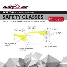 BISON LIFE Clear Lens Yellow Safety Glasses - 12 Pairs Protective Eyewear, Polycarbonate Impact Resistant Lens