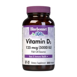 Bluebonnet Bluebonnet Nutrition Vitamin D3 5000 IU Softgels, Aids in Muscle and Skeletal Growth, Cholecalciferol from Fish Oil, Non GMO, Gluten Free, Soy Free, Dairy Free, Yellow, 250 Softgels
