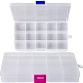 YoiYee 15-Grid Transparent Jewellery Organizers Box with Adjustable Dividers - Small Clear Plastic Storage Boxes for Jewelry, Cosmetics, Crafts, Hair Accessories (Red + Blue), Pack of 2