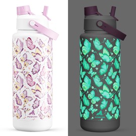 POWCAN 40 oz Insulated Water Bottle with 2-in-1 Straw and Spout Lid, Glow-in-the-Dark, 24H Cold, Leakproof, BPA-Free, Double Wall Stainless Steel for Sports, Gym, Travel, and School (Luminous Flutter)