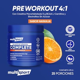 Creatina Monohidratada con Pre Entreno + L Carnitina + Electrolitos + BCAAs | Formula de Alta Pureza sin Azúcar, Vegan, Keto | MultiSport Complete 25 