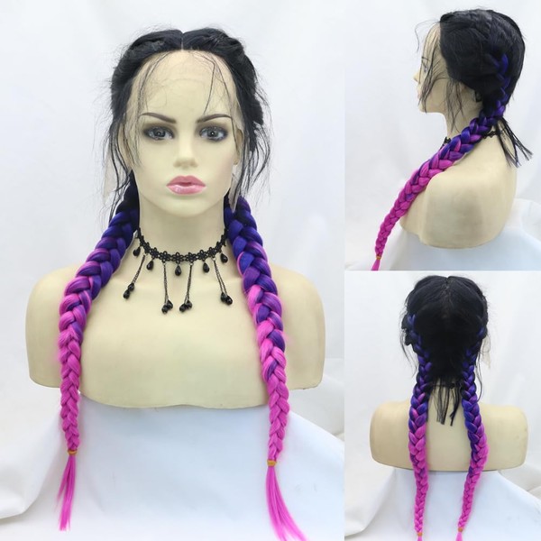 Angle Lucky Purple Pink with Black Root Double Braided Wig Handmade Braided Lace Front Wig Synthetic 2 Twist Braids with Baby Hair Heat Resistant Fiber Middle Part Wigs for Women
