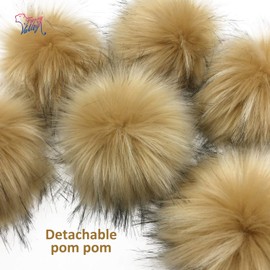 Furryvalley Faux Fur Pompom 6pcs DIY Crafts Fluffy Balls for Hat Shoes Scarves with Snap Fastener Removable Knitting Hat Accessories 6 Inch (Khaki)