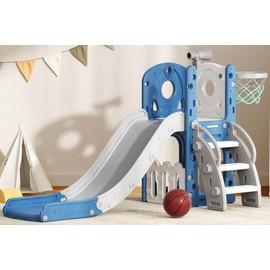 Glaf Toddler Slide 7 in 1 Kids Slides Outdoor Playset Indoor Playground for Backyard Baby Climber with Telescope Basketball Hoop and Ball Storage Space for Age 1+ Years (Blue)