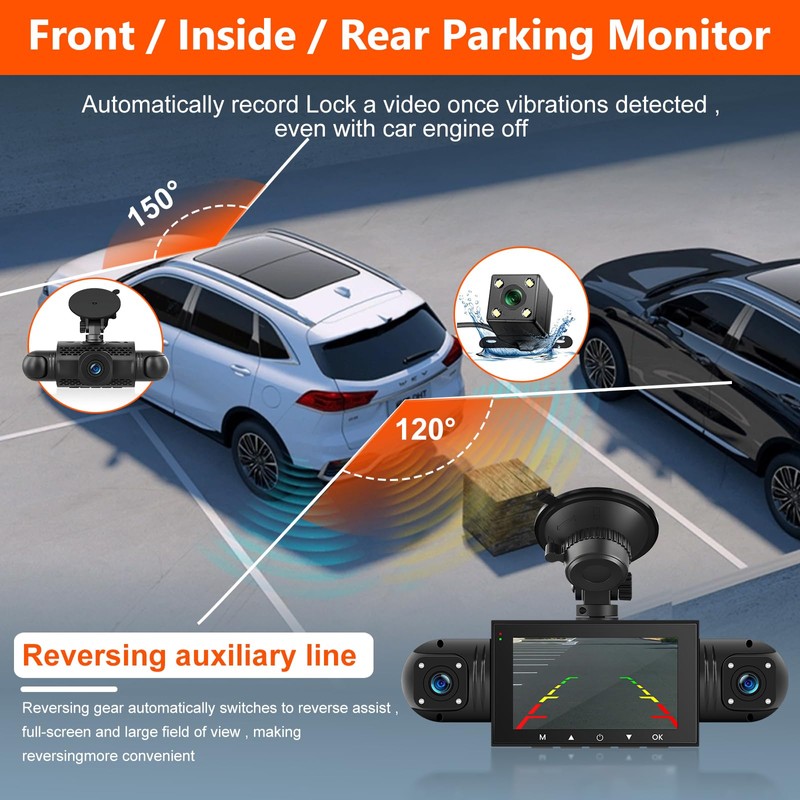 Podofo 360° Dash Cam Front and Rear Inside,4 Channel 3"