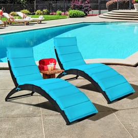 COSTWAY 2PCS Folding Rattan Lounge Chair Outdoor, Patio Wicker Chaise Lounge with Soft Cushion, Ergonomic Support Shaped, Portable Pool Lounge Chairs Set of 2 for Sunbathing, Beach (Turquoise)