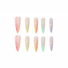 MISUD Press on Nails - Long Stiletto Glue on Nails with Summer Colorful, Acrylic Rainbow Fire Design 24 pcs