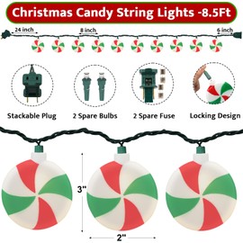 Christmas Tree Lights Candy String Lights,8.5Ft Christmas Decorations String Lights with 10 Red White Peppermint Candy Lights Plug in Christmas Lights Indoor Outdoor Xmas Tree Garden Christmas Decor