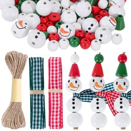 Christmas Snowman Wooden Beads, Pack of 190 Natural Craft Wooden Beads with Face, String Scarf, Christmas Decoration for DIY Christmas Tree for Crafts, Garlands, Party Decor