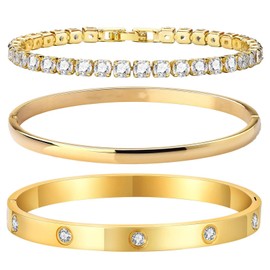 YSFVNP 3 Pcs Gold Bangles, Gold Bangle, Adjustable Stacking Bangle Link Chain Bracelets Jewellery Gifts Set for Women