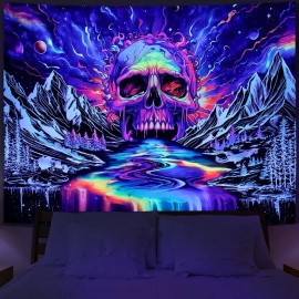 Lahasbja Blacklight Skull Tapestry Trippy Mountain Tapestry UV Reactive Galaxy Planet