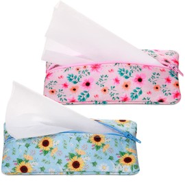 Kigeli 2 Pieces Purse Tissue Holder Travel Tissue Pouch for Purse Fabric Zipper Enclosed Pouches Reusable Flower Pattern Tissue Holder for Purse Coins, 5.25 x 3 Inches(Floral Flower Print)