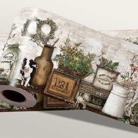 Farmhouse Peel and Stick Wallpaper Border for Kitchen Wall - 15ft x 4in Wipeable Vinyl Rustic Country, Removable Vintage Cotton Floral Border for Bathroom Cabinet