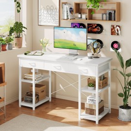 CAIYUN Small Desk with Fabric Drawers, 32 Inch White Vanity Desk for Bedroom, Home Office Computer Desk for Small Space, Modern Work Laptop Study Table, Kids Writing Desk with Storage Bag & Hook