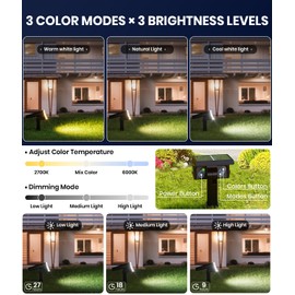 Solar Lights Outdoor,Adjustable Warm&Cool,IP67 Waterproof,3 Color+3 Modes,2-in-1 Wall Lights Solar Powered Spotlights for Pathway/Garden/Yard/Patio/Driveway/Tree/Landscape Flood Lighting Outside Decor