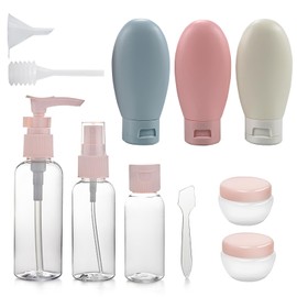 Pink Travel Accessories for Toiletries and Cosmetics - 12 Pcs Leak Proof Refillable Squeezable Containers with PEV Bag and Cream Jars - Portable Pink Travel Bottles Set