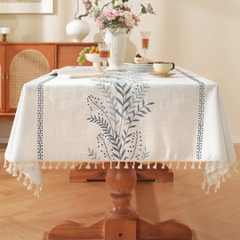 Laolitou Square Table Cloth, Embroidery Heavy Duty Cotton Linen Tablecloth, Farmhouse Rustic Waterproof Wrinkle Free Decorative Fabric Table Cover with Tassels, Blue Fern, 55×55 Inch