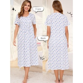 Vlazom Women's Long Nightgown Pleated Casual Nightdress Short Sleeve Soft Nighties Nightwear with Pockets,Blue Flower,M