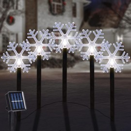 Christmas Snowflake Stake Lights, Set of 5 Solar Christmas Pathway Markers with Cool White Fairy Lights for Outdoor Holiday Walkway Patio Garden Christmas Decorations (Cool White-A)