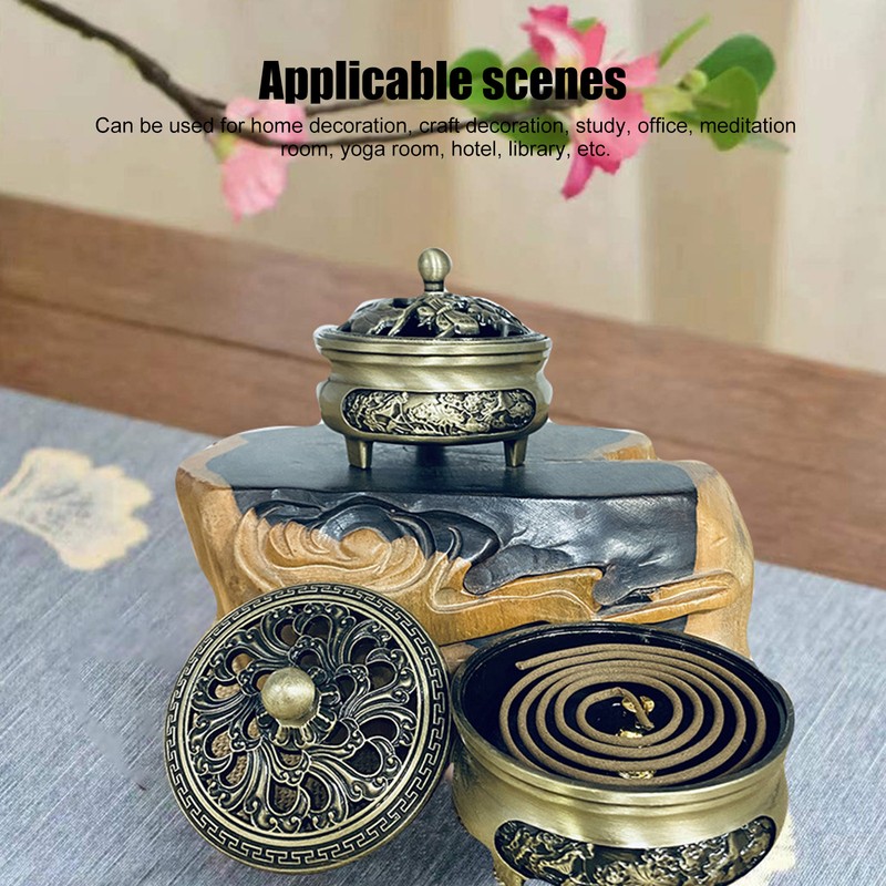 Coil Incense Burner with Lid Antique Beautifully Carved Electroplating Zinc