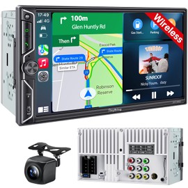 QLED Double Din Car Stereo with Wireless Apple CarPlay & Android Auto, 4.2-Ch Audio 2 Subwoofer Outputs, Backup Camera, Bluetooth, MirrorLink, 7" Touchscreen, SWC, FM/AM Radio