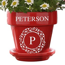 Personalization Universe Circle & Vine Monogram Ceramic Flower Pot with Saucer - Customizable Initial & Family Name - Indoor/Outdoor Personaled Planter - 5.25" H x 5.25" D - Red