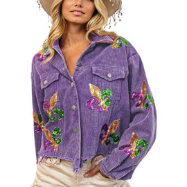 happlan Women's Sequin Embroidery Cropped Frayed Hem Vintage Washed Corduroy Jacket Coat Shacket for Women(0460-Purple-M)