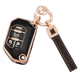 EKALA for Jeep Key Fob Cover with Leather Key Fob Keychain, Soft TPU Keys Shells Fit for Jeep Wrangler JL JLU Rubicon Gladiator JT Sahara JLU 4 Buttons Flip Folding Key Case Black Gold (BP-Jep-4F)
