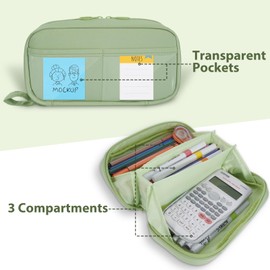 FINPAC Pencil Case, Pencil Case, Large Capacity Pencil Case with 3 Compartments, Pencil Case, 165° Flat Flip Design, Stationery Bag, Pencil Bag for School & Office, Green, Practical