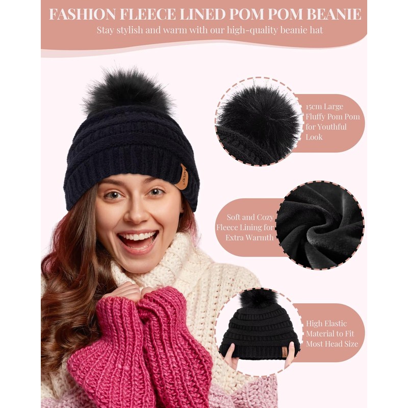 Womens Winter Beanie Hat Scarf Gloves Set, Cute Pom Pom