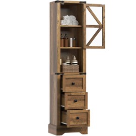 DWVO 68" Storage Cabinet, Farmhouse Bathroom Cabinet with Barn Doors & Adjustable Shelves, with 3 Drawers, Floor Cabinet for Bathroom, Living Room, Antique Brown