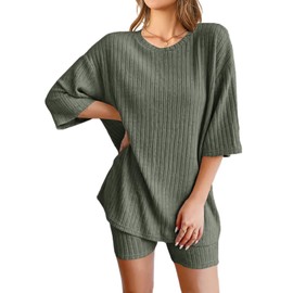 NORACORA Pajamas for Women Set Ribbed Lounge Sets Matching Tshirt Shorts Sleepwear Outfits Going Out Olive