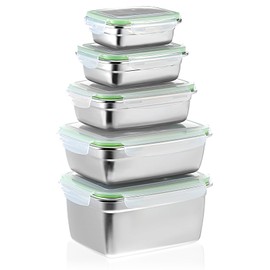 Bruislard 5Pack 304 Stainless Steel Food Storage Containers with Leak Proof & Airtight Lids, Lunch Container, Meal Prep Containers, Dishwasher & Freezer Safe, 12/18/29/61/95 oz