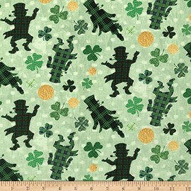 Henry Glass Hello Lucky Tossed Leprechauns Green, Fabric by The Yard