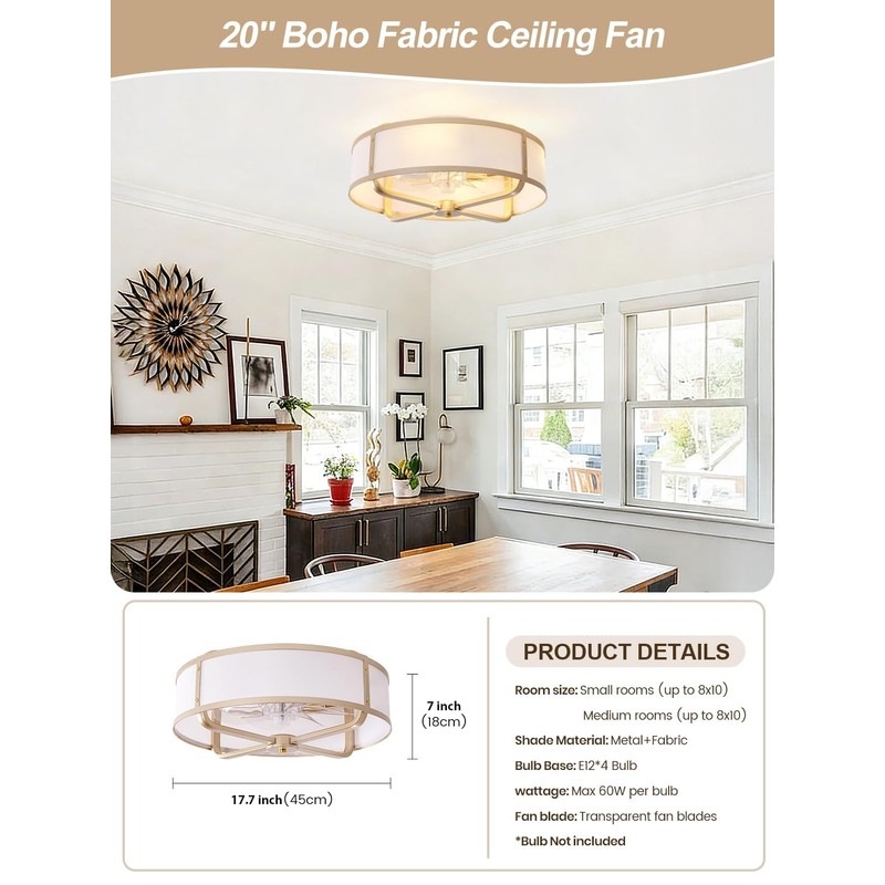 Beiduna 18" Gold Flush Mount Ceiling Fan with Light, Caged
