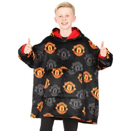 Manchester United Football Club Boys Fully Lined Luxury Fleece Hoodie, Oversized Fleece Blanket Hoody Black