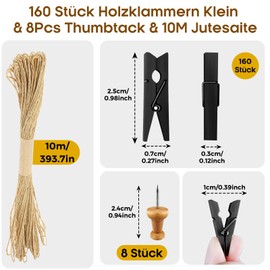 Hengxinchen Pack of 168 Mini Wooden Pegs Small Black Mini Clothes Pegs Wedding Small Wooden Pegs for Polaroid Photos with 10 m Jute String DIY for Photo Wall Display Party (2.5 x 0.3 cm)