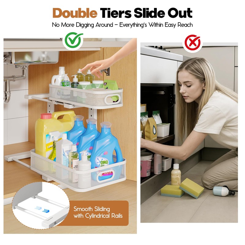 Biboraya 2 Pack Under Sink Organizer With Smooth Cylindrical Rail,2-Tier