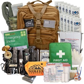 Sirius: Bug Out Bag Starter Kit - 72 Hour Kit for 1 Person – Backpack Survival Kit – 50L Tactical Backpack, US Made Food & Water, Medical Supplies & Survival Tools (Tan, 1 Person)