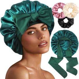 1+3 Large Satin Bonnets with Scrunchies for Women, Double Layer Hair Bonnet Tie Bonnet for Sleeping Braids Curly Hair, F
