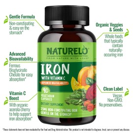 NATURELO Vegan Iron Supplement with Vitamin C and Organic Whole Foods - Gentle Iron Pills for Women & Men with Iron Deficiency Including Pregnancy, Anemia and Vegan Diets - 90 Mini Capsules