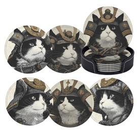 Japanese Anime Samurai Cat Leather Coaster Decor Set of 6 with Holder