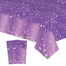 2pcs Purple Shiny Glitter Diamond Table Cloth Party Plastic Tablecloths,137*274cm Large Sequin Printed TableCloth Dinner Tablecover for Girls Birthday,Wedding Christmas Purple Party Table Decorations
