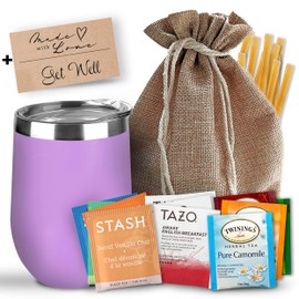 Bellina Tea Gift Baskets for Women and Men - Get Well Care Package - Insulated Cup, 20 Premium Teas, 10 Honey Straws, Gift Tag & Bag