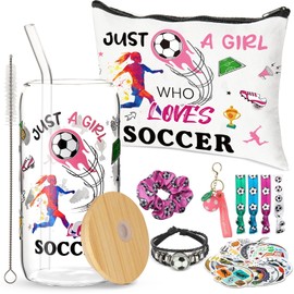 Justforjoyful 61Pcs Soccer Gifts for Girl Women Soccer Lovers Gifts 16OZ Glass Tumbler Sports Accessories Party Favors for Daughter Granddaughter Niece Party Supplies Keychain Sticker