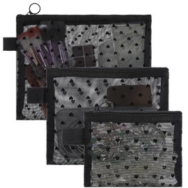 Ymapinc 3pcs Heart Printed Mesh Makeup Bag Set Portable Travel Cosmetic Pouches Mesh Zipper Storage for Purse Organization Black Lipstick Organizer Small Purse Bags for Home Office Travel