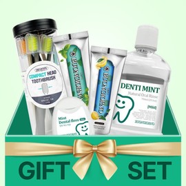 Chuseok gift set of 5 Dentibongiorno oral care products (2 x 100g for bad breath + 1 x 100g for tartar + 8 x fine-bristle toothbrushes + oral hygiene product) / 추석선물 덴티본조르노 실속 구강 5종 세트(구취 100g 2개+치석 100g 1개+미세모 칫솔 8개입+구강청결제