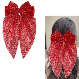 Red Glitter Sequin Hair Bow Clips for Women Girls Big Hair Bows Barrettes Ribbon 8 inch Bow Hair Clip Sparkly Hair Ribbons Bowknot Hair Clips for Women Festival Hair Accessories