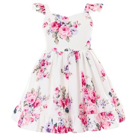 Flofallzique Girls Floral Dress Summer Birthday Party Flutter Sleeves Tie Back Kids Boho Beach Dress (7 Years, White)