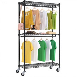 Higeego Rolling Clothing Rack for Hanging Clothes Heavy Duty Garment Rack with Wheels Metal Adjustable Shelves & Double Hanging Rods H2 Portable Closet for Bedroom, Black Coat Rack
